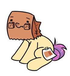 Size: 954x1034 | Tagged: safe, artist:paperbagpony, imported from derpibooru, oc, oc only, oc:paper bag, pony, bag, bag on head, bags under eyes, face on a bag, fake cutie mark, paper bag, pun, simple background, solo, visual pun, white background