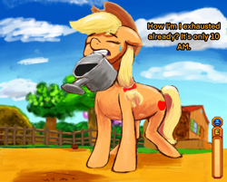 Size: 2732x2200 | Tagged: safe, artist:phutashi, imported from derpibooru, applejack, earth pony, pony, atg 2022, dialogue, eyes closed, female, floppy ears, gritted teeth, mare, mouth hold, newbie artist training grounds, solo, stardew valley, sweat, sweatdrop, teeth, watering can