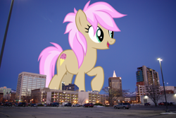 Size: 1920x1285 | Tagged: safe, artist:frownfactory, artist:thegiantponyfan, imported from derpibooru, strawberry scoop, earth pony, pony, boise, female, friendship student, giant pony, giant/macro earth pony, giantess, highrise ponies, idaho, irl, macro, mare, mega giant, open mouth, photo, ponies in real life, raised hoof, smiling, solo