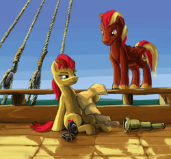 Size: 1450x1350 | Tagged: safe, artist:da-exile, imported from derpibooru, oc, oc only, oc:scarlet splash, earth pony, pegasus, pony, atg 2016, boat, compass, female, mare, newbie artist training grounds, scroll, spyglass