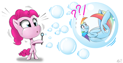 Size: 2383x1230 | Tagged: safe, artist:questionmarkdragon, imported from derpibooru, pinkie pie, rainbow dash, earth pony, pegasus, pony, duo, exclamation point, female, impossibly large head, in bubble, interrobang, mare, question mark, signature, simple background, surprised, white background