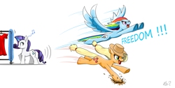 Size: 2769x1399 | Tagged: safe, artist:questionmarkdragon, imported from derpibooru, applejack, rainbow dash, rarity, earth pony, pegasus, pony, unicorn, backwards cutie mark, eyes closed, female, flying, glowing, glowing horn, hat, horn, mare, music notes, running, signature, simple background, smiling, underhoof, white background, wings