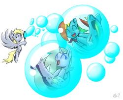 Size: 2219x1790 | Tagged: safe, artist:questionmarkdragon, imported from derpibooru, derpy hooves, dinky hooves, rainbow dash, pegasus, pony, unicorn, bubble, female, filly, foal, hoof hold, in bubble, laughing, mare, signature, simple background, white background