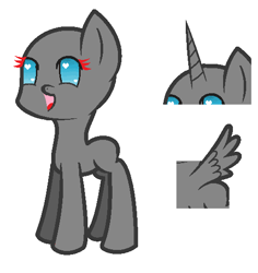 Size: 503x533 | Tagged: safe, artist:djdupstep15, imported from derpibooru, oc, oc only, earth pony, pony, :d, bald, base, earth pony oc, female, horn, mare, open mouth, open smile, simple background, smiling, solo, white background, wings