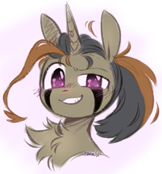 Size: 741x796 | Tagged: safe, artist:frigidmare, artist:torridline, imported from derpibooru, oc, oc:rusted gold, pony, unicorn, blushing, bust, chest fluff, colored, cute, ears up, fluffy, fluffy mane, gift art, grin, happy, heart, long mane, looking at you, male, markings, multicolored hair, pink eyes, ponytail, portrait, present, request, sketch, smiling, smug, solo, sparkly eyes, stallion, wingding eyes