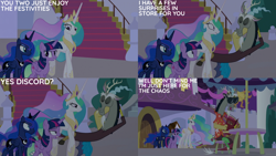 Size: 4400x2475 | Tagged: safe, edit, edited screencap, editor:quoterific, imported from derpibooru, screencap, discord, princess celestia, princess luna, twilight sparkle, alicorn, draconequus, pony, season 9, the summer sun setback, spoiler:s09, crown, eyes closed, female, jewelry, male, mare, night, open mouth, open smile, regalia, smiling, sunglasses, text, twilight sparkle (alicorn)