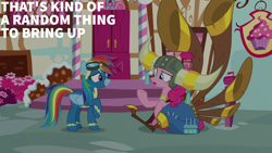 Size: 1920x1080 | Tagged: safe, edit, edited screencap, editor:quoterific, imported from derpibooru, screencap, pinkie pie, rainbow dash, earth pony, pegasus, pony, season 8, yakity-sax, spoiler:s08, clothes, duo, female, goggles, helmet, honorary yak horns, horned helmet, mare, open mouth, smiling, sugarcube corner, text, uniform, viking helmet, wonderbolts uniform, yovidaphone