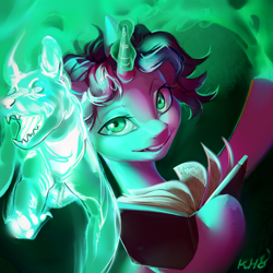 Size: 2776x2776 | Tagged: safe, artist:khvorost162, imported from derpibooru, oc, unicorn, book, female, horn, looking at you, magic, smiling, solo