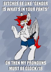 Size: 1700x2404 | Tagged: safe, artist:reddthebat, imported from derpibooru, oc, oc only, oc:reddthebat, bat pony, pony, bipedal, chest fluff, clothes, gun, pants, politics, shorts, smiling, solo, underhoof, vulgar, weapon