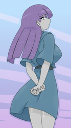 Size: 1233x2224 | Tagged: safe, artist:batipin, imported from derpibooru, maud pie, human, equestria girls, arm behind back, breasts, busty maud pie, female, looking at you, looking back, looking back at you, solo