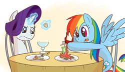 Size: 1049x609 | Tagged: safe, artist:anonymous, imported from derpibooru, rainbow dash, rarity, pegasus, pony, unicorn, dinner, drawthread, duo, female, food, glass, juice, juice box, ketchup, levitation, magic, mare, rarity is not amused, requested art, sauce, simple background, sitting, table, telekinesis, tongue out, unamused, uncouth