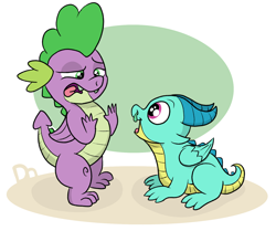 Size: 1612x1350 | Tagged: safe, artist:doodledonutart, imported from derpibooru, spike, dragon, baby, baby dragon, blech, comic, do not want, duo, duo male, g5, male, no thanks, snot, sparky sparkeroni