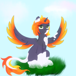 Size: 3000x3000 | Tagged: safe, artist:melody joy, imported from derpibooru, oc, oc only, alicorn, pony, alicorn oc, female, grass, horn, looking at you, simple background, sitting, spots, spread wings, wings