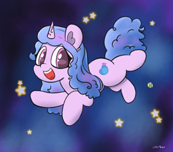 Size: 2048x1790 | Tagged: safe, artist:limitmj, imported from derpibooru, izzy moonbow, pony, unicorn, atg 2022, backwards cutie mark, cute, floating, g5, horn, izzybetes, newbie artist training grounds, open mouth, space, stars, zero gravity