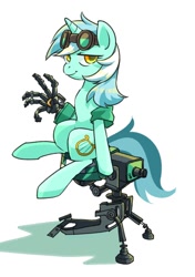 Size: 844x1200 | Tagged: safe, artist:yukkuri_yu_yu, imported from derpibooru, lyra heartstrings, pony, unicorn, crossover, engie lyra, engineer, female, goggles, gun, gunslinger (tf2), horn, looking at you, machine, mare, mini-sentry gun, prosthetics, sentry gun, simple background, sitting, solo, team fortress 2, video game, weapon, white background