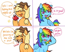 Size: 1952x1560 | Tagged: safe, artist:mangocake_11, imported from derpibooru, applejack, rainbow dash, earth pony, pegasus, pony, apple, apple core, comic, dialogue, eating, eyes closed, food, herbivore, mouth hold, simple background, smiling, that pony sure does love apples, vulgar, white background