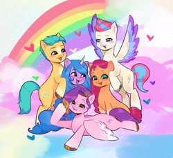 Size: 1885x1721 | Tagged: safe, artist:fluttr3, imported from derpibooru, hitch trailblazer, izzy moonbow, pipp petals, sunny starscout, zipp storm, earth pony, pegasus, pony, unicorn, adorapipp, cellphone, cute, female, g5, heart, male, mane five (g5), mare, phone, rainbow, royal sisters (g5), siblings, sisters, smartphone, spread wings, stallion, wings