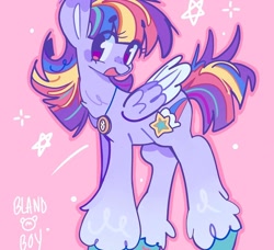 Size: 1370x1248 | Tagged: safe, artist:bland__boy, imported from derpibooru, oc, oc only, pegasus, pony, eye clipping through hair, eyebrows, eyebrows visible through hair, female, folded wings, jewelry, looking at you, mare, necklace, open mouth, open smile, pink background, simple background, smiling, smiling at you, solo, starry background, stars, wings