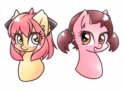 Size: 1923x1420 | Tagged: safe, artist:namaenonaipony, imported from derpibooru, earth pony, pony, anime, anya forger, becky blackbell, bust, duo, duo female, eye clipping through hair, female, looking at you, mare, open mouth, ponified, simple background, spy x family, white background