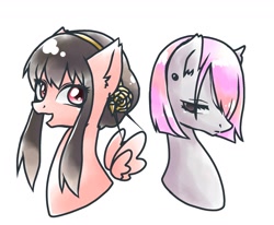 Size: 1723x1420 | Tagged: safe, artist:namaenonaipony, imported from derpibooru, earth pony, pegasus, pony, anime, bust, duo, duo female, ear piercing, eye clipping through hair, female, fiona frost, hair over eyes, looking at you, mare, open mouth, piercing, ponified, simple background, spy x family, white background, wings, yor forger