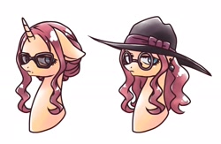 Size: 2180x1420 | Tagged: safe, artist:namaenonaipony, imported from derpibooru, pony, unicorn, anime, bust, ear piercing, female, floppy ears, glasses, hat, horn, looking at you, mare, piercing, ponified, simple background, solo, spy x family, sylvia sherwood, white background
