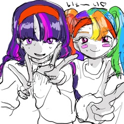 Size: 1024x1024 | Tagged: safe, artist:8165tanmen, imported from derpibooru, rainbow dash, twilight sparkle, human, equestria girls, alternate hairstyle, blush sticker, blushing, clothes, duo, duo female, female, heart, japanese, looking at you, open mouth, open smile, peace sign, simple background, smiling, smiling at you, sweat, sweater, white background