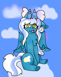 Size: 1091x1370 | Tagged: safe, artist:flurryc, imported from derpibooru, oc, oc:fleurbelle, alicorn, pony, :p, alicorn oc, chest fluff, cloud, female, horn, mare, on a cloud, sitting, sitting on a cloud, sky, solo, tongue out, wings, yellow eyes