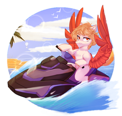 Size: 1050x1000 | Tagged: safe, artist:thieftea, imported from derpibooru, oc, oc only, hybrid, pegasus, pony, jet ski, looking at you, solo, spread wings, wave, wings