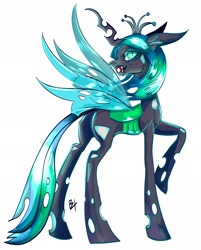 Size: 1646x2048 | Tagged: safe, artist:bestlifeb4, imported from derpibooru, queen chrysalis, changeling, changeling queen, butt, crown, female, horn, insect wings, jewelry, mare, plot, profile, raised hoof, regalia, sharp teeth, signature, simple background, solo, spread wings, teeth, white background, wings