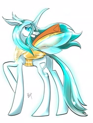 Size: 1536x2048 | Tagged: safe, artist:bestlifeb4, imported from derpibooru, queen chrysalis, changedling, changeling, changeling queen, butt, changedling queen, female, horn, insect wings, mare, plot, profile, purified chrysalis, raised hoof, signature, simple background, solo, spread wings, white background, wings