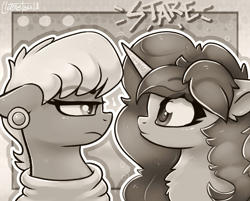 Size: 1080x870 | Tagged: safe, artist:llametsul, imported from derpibooru, izzy moonbow, ms. harshwhinny, earth pony, pony, unicorn, annoyed, atg 2022, black and white, chest fluff, duo, ear piercing, female, floppy ears, g5, grayscale, looking at each other, looking at someone, mare, monochrome, newbie artist training grounds, piercing, signature, stare, staring contest, unamused