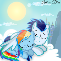 Size: 900x900 | Tagged: safe, artist:mlplary6, imported from derpibooru, rainbow dash, soarin', pegasus, pony, castle, cloud, female, hug, lying down, male, mare, mountain, shipping, sky, sleeping, smiling, soarindash, stallion, straight, sun, winghug, wings