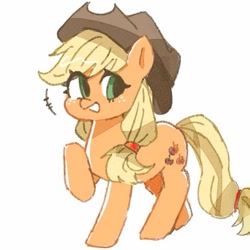 Size: 729x729 | Tagged: safe, artist:xiooo_witch, imported from derpibooru, applejack, earth pony, pony, applejack's hat, cowboy hat, eye clipping through hair, female, freckles, hat, looking at you, mare, raised hoof, simple background, solo, white background