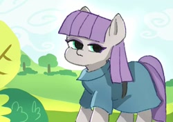 Size: 842x595 | Tagged: safe, artist:xiooo_witch, imported from derpibooru, maud pie, earth pony, pony, maud pie (episode), bush, clothes, female, looking at you, mare, outdoors, solo, tree