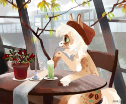 Size: 1654x1370 | Tagged: safe, artist:wolfiedrawie, imported from derpibooru, oc, oc only, earth pony, pony, beanie, bendy straw, candle, drinking, drinking straw, hat, potted plant, sitting, solo, table