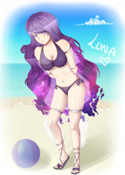 Size: 1530x2141 | Tagged: safe, artist:wavecipher, imported from derpibooru, princess luna, human, beach, bikini, breasts, cleavage, clothes, ethereal hair, female, hands behind back, humanized, looking at you, sandals, side-tie bikini, solo, swimsuit