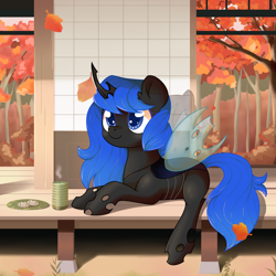 Size: 2100x2100 | Tagged: safe, artist:wavecipher, imported from derpibooru, oc, oc only, oc:blue visions, changeling, autumn, bench, blue changeling, candle, commission, high res, leaves, solo, ych result