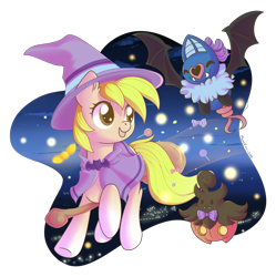 Size: 2163x2170 | Tagged: safe, artist:wavecipher, imported from derpibooru, oc, oc only, oc:pixie bell, pony, pumpkaboo, swoobat, broom, candy, clothes, commission, costume, crossover, flying, flying broomstick, food, halloween, halloween costume, high res, lollipop, pokémon, simple background, solo, transparent background, witch, ych result