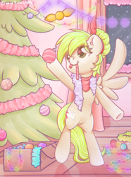 Size: 1369x1839 | Tagged: safe, artist:wavecipher, imported from derpibooru, oc, oc only, oc:pixie bell, pegasus, pony, bipedal, candy, candy cane, christmas, christmas decoration, christmas tree, decorating, food, holiday, solo, tree