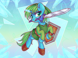 Size: 1600x1200 | Tagged: safe, artist:wavecipher, imported from derpibooru, oc, oc only, oc:nemephir, pony, unicorn, abstract background, clothes, cosplay, costume, crossover, link, master sword, mouth hold, shield, solo, sword, the legend of zelda, the legend of zelda: the wind waker, weapon