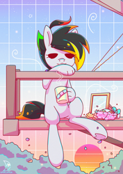 Size: 2480x3508 | Tagged: safe, artist:wavecipher, imported from derpibooru, oc, oc only, oc:cipher wave, earth pony, hybrid, pony, balcony, eyes closed, hand, high res, mug, sitting, solo, vaporwave