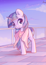 Size: 1369x1898 | Tagged: safe, artist:wavecipher, imported from derpibooru, twilight sparkle, pony, unicorn, clothes, female, looking at you, mare, missing limb, railing, scarf, smiling, solo, unicorn twilight