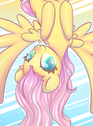 Size: 1369x1839 | Tagged: safe, artist:wavecipher, imported from derpibooru, fluttershy, pegasus, pony, cute, female, looking at you, mare, shyabetes, smiling, solo, spread wings, upside down, wings