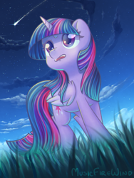 Size: 1200x1600 | Tagged: safe, artist:wavecipher, imported from derpibooru, twilight sparkle, alicorn, pony, epic, female, grass, looking up, mare, night, shooting star, solo, stars, twilight sparkle (alicorn)