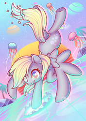 Size: 2480x3508 | Tagged: safe, artist:wavecipher, imported from derpibooru, derpy hooves, jellyfish, pegasus, pony, butt, epic derpy, female, high res, mare, plot, solo, spread wings, vaporwave, wings