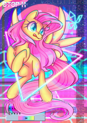 Size: 2480x3508 | Tagged: safe, artist:wavecipher, imported from derpibooru, fluttershy, pegasus, pony, distortion, female, heart, heart eyes, high res, mare, open mouth, retrowave, solo, spread wings, synthwave, triangle, vaporwave, wingding eyes, wings