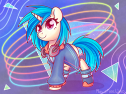 Size: 1600x1200 | Tagged: safe, alternate version, artist:wavecipher, imported from derpibooru, dj pon-3, vinyl scratch, pony, unicorn, abstract background, clothes, female, headphones, mare, shoes, solo, triangle