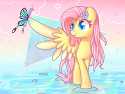 Size: 1600x1200 | Tagged: safe, artist:wavecipher, imported from derpibooru, fluttershy, butterfly, pegasus, pony, alternate hairstyle, cute, female, flower, flower in hair, looking at something, mare, one wing out, shyabetes, sitting on wing, smiling, solo, standing, triangle, water, wings