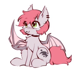 Size: 960x910 | Tagged: safe, artist:swaybat, imported from derpibooru, oc, oc only, oc:swaybat, bat pony, pony, :3, bat pony oc, blushing, chest fluff, choker, ear piercing, eye clipping through hair, eyebrows, eyebrows visible through hair, female, leg fluff, mare, middle feather, middle finger, piercing, simple background, sitting, solo, spread wings, vulgar, white background, wing hands, wings