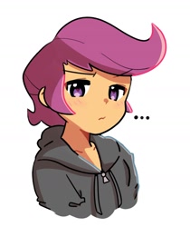 Size: 1300x1547 | Tagged: safe, artist:kindakismet, imported from derpibooru, scootaloo, human, equestria girls, ..., bust, clothes, female, jacket, looking at you, sad, simple background, solo, white background